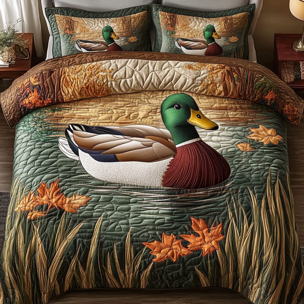Marsh Haven quilted 3-piece bedding set on a made bed with two matching pillow shams