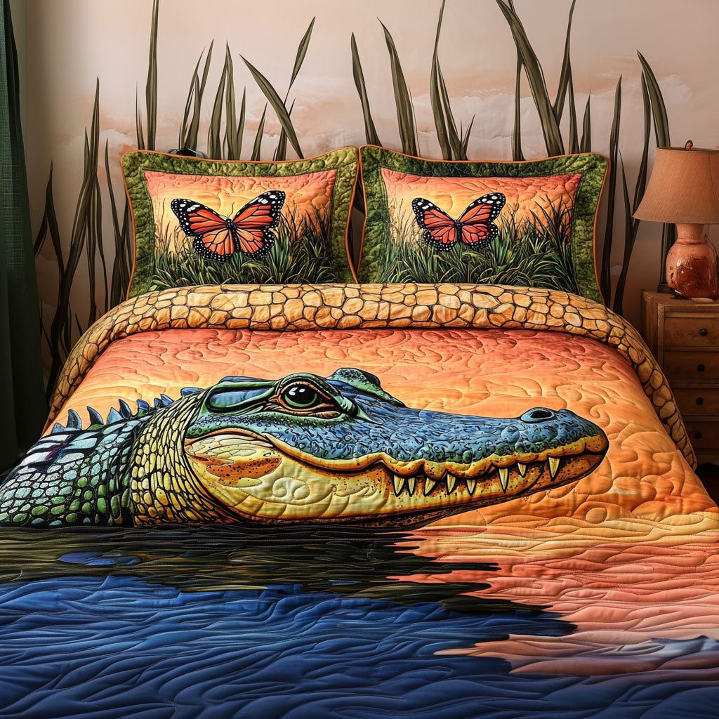 Marshland Monarch quilted 3-piece bedding set on a made bed with two matching pillow shams