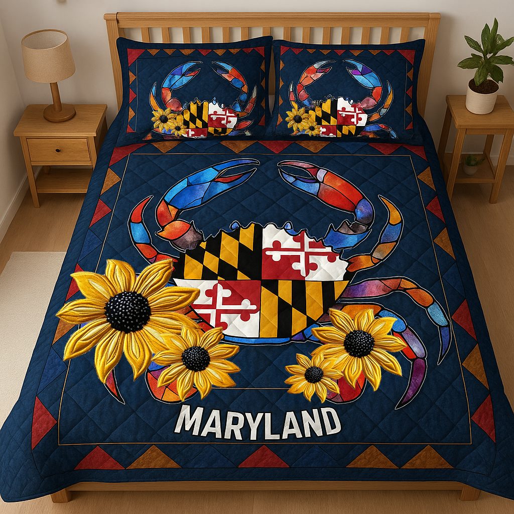 Maryland Glory quilted 3-piece bedding set on a made bed with two matching pillow shams