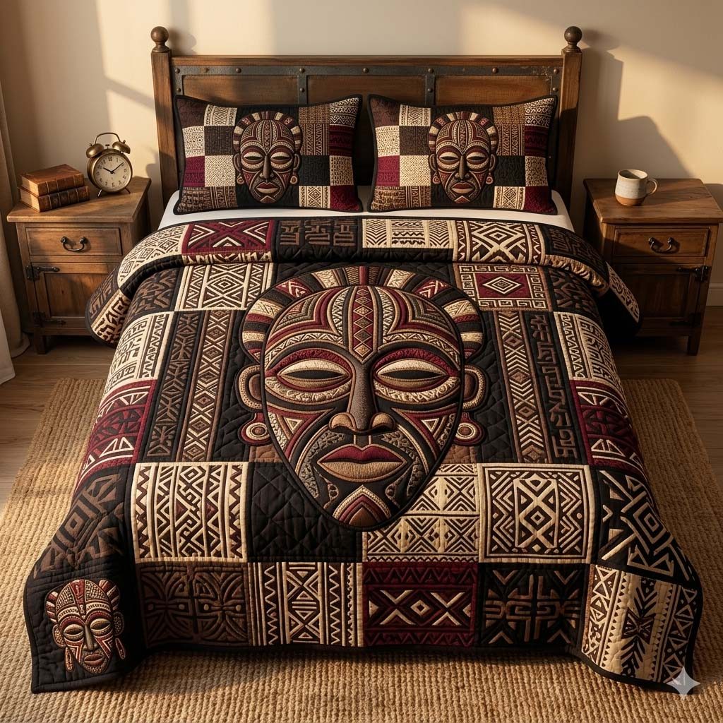 Mask Heritage quilted 3-piece bedding set on a made bed in a farmhouse bedroom