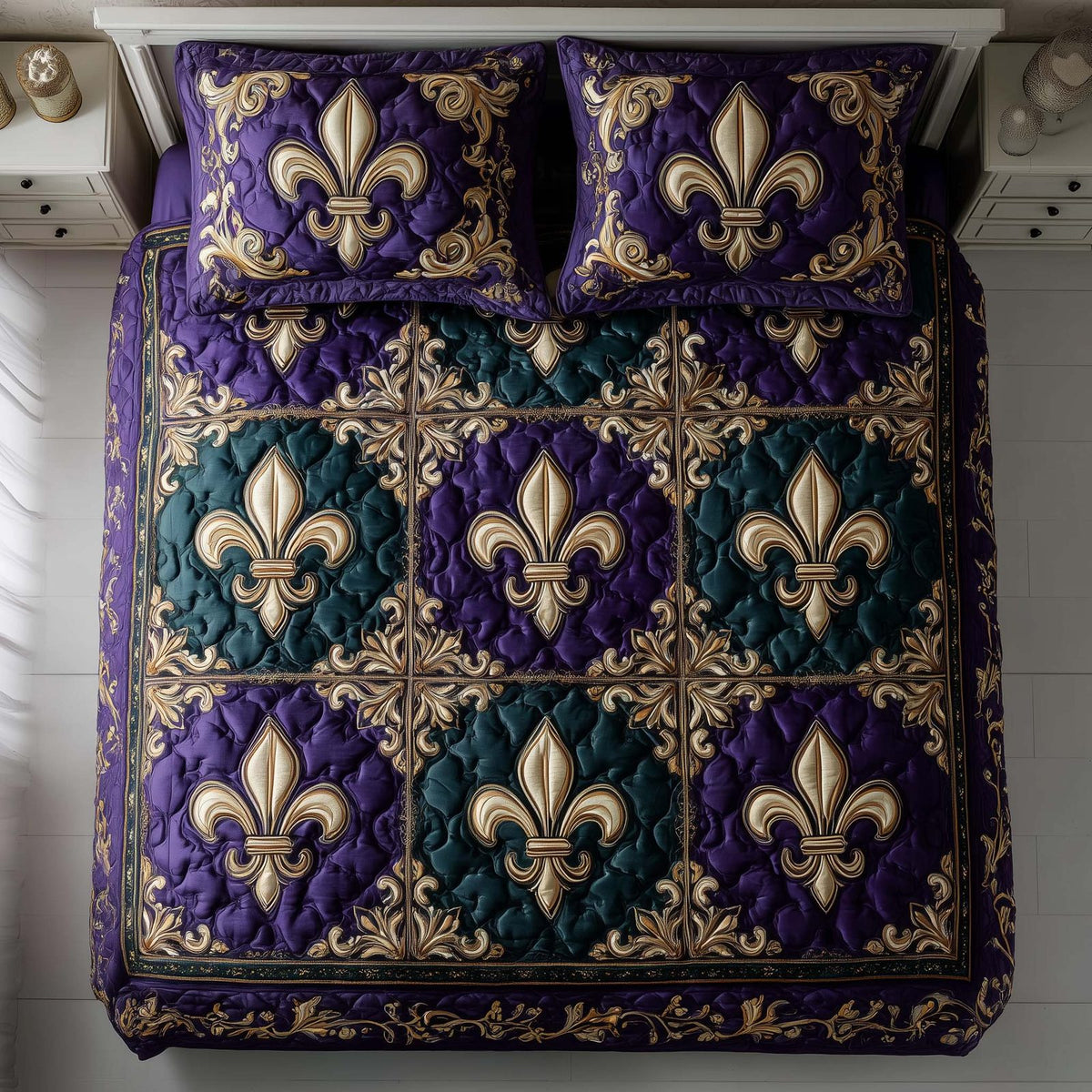 Masquerade Dream quilted 3-piece bedding set on a made bed with two matching pillow shams