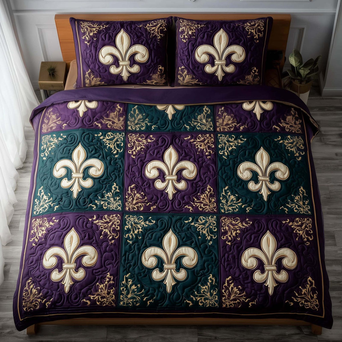Masquerade Dream quilted 3-piece bedding set on a made bed with two matching pillow shams