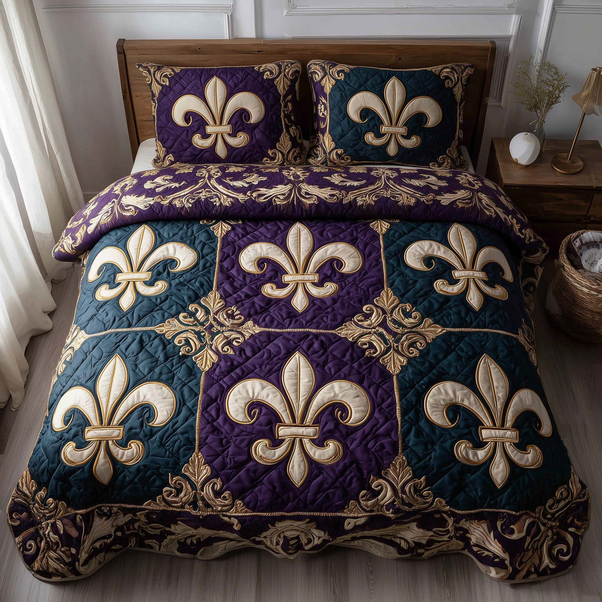 Masquerade Dream quilted 3-piece bedding set on a made bed with two matching pillow shams