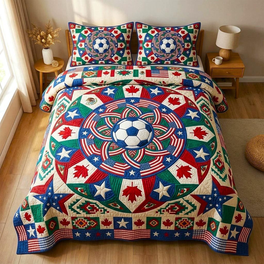Match Day quilted 3-piece bedding set on a made bed with two matching pillow shams