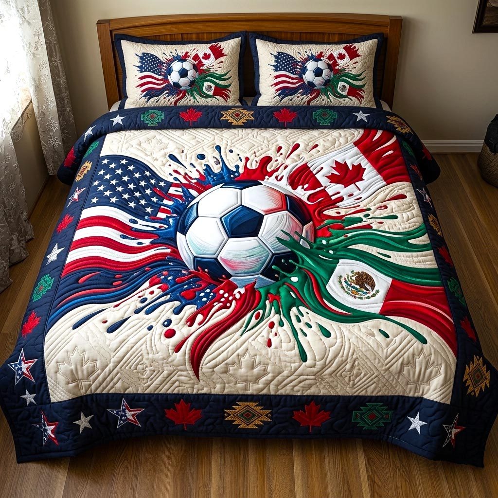 Match Day quilted 3-piece bedding set on a made bed with two matching pillow shams