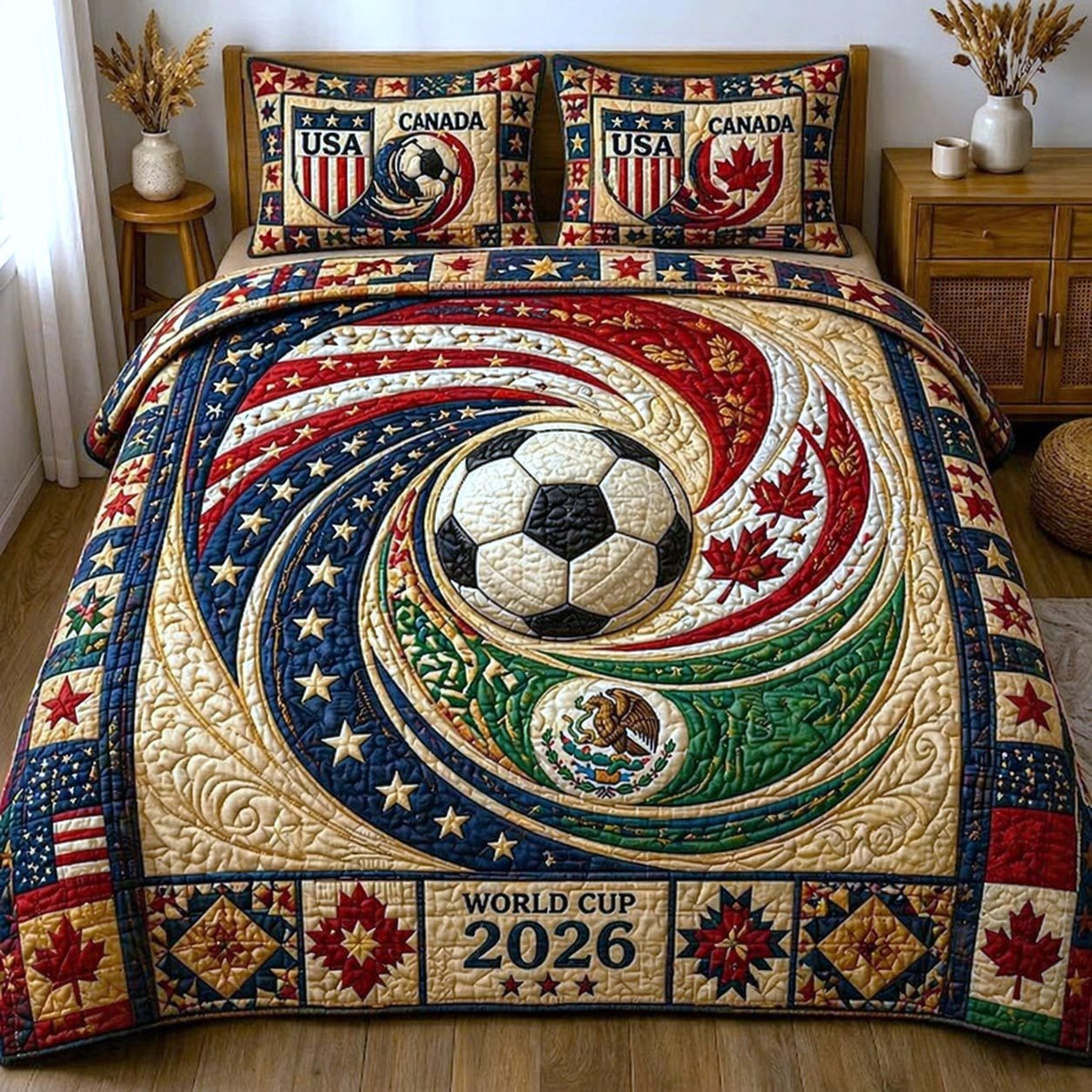 Match Day quilted 3-piece bedding set on a made bed with two matching pillow shams