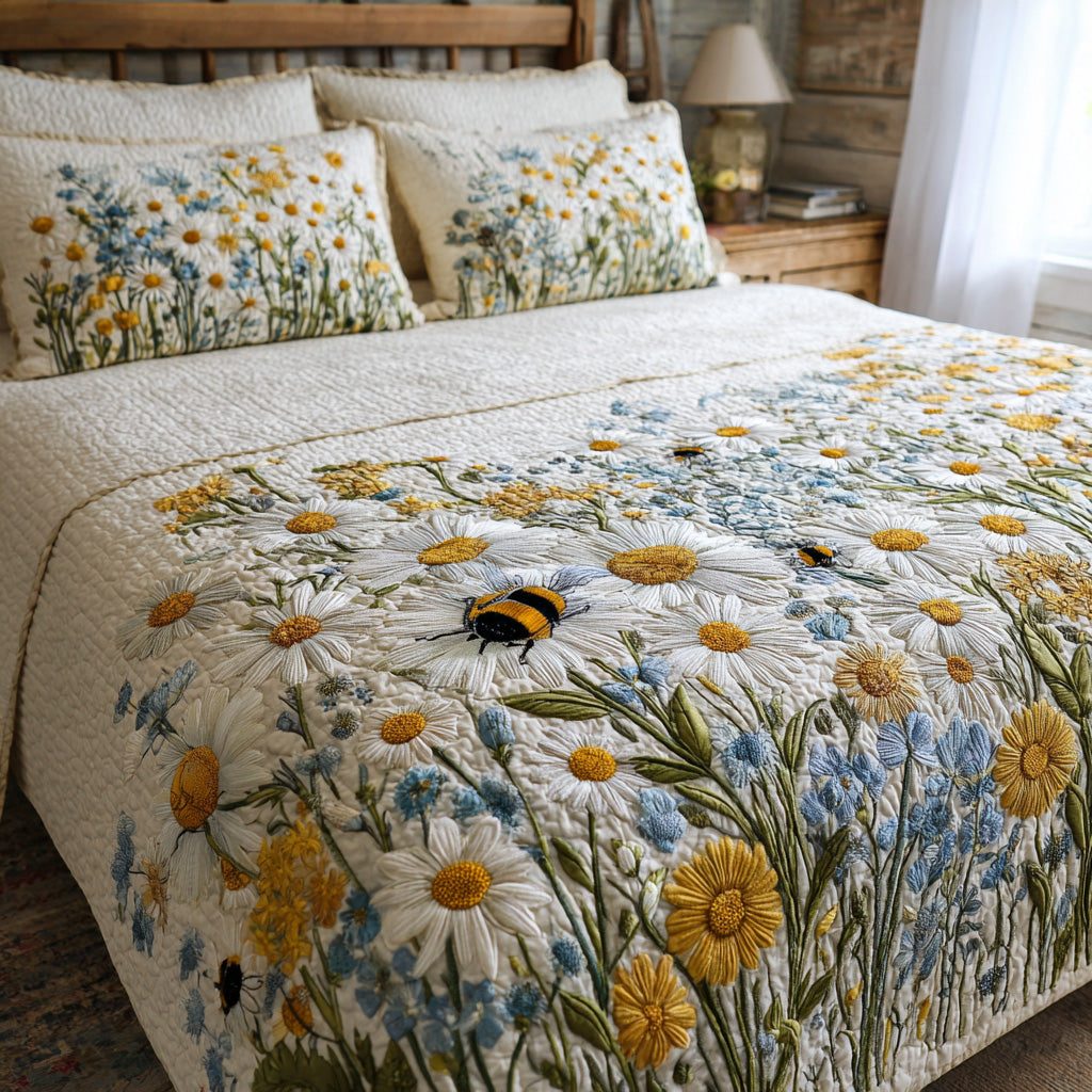 Meadow Bees quilted 3-piece bedding set on a made bed with two matching pillow shams