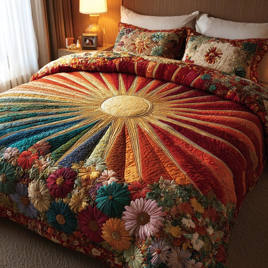 Meadow Bloom quilted 3-piece bedding set on a made bed with two matching pillow shams