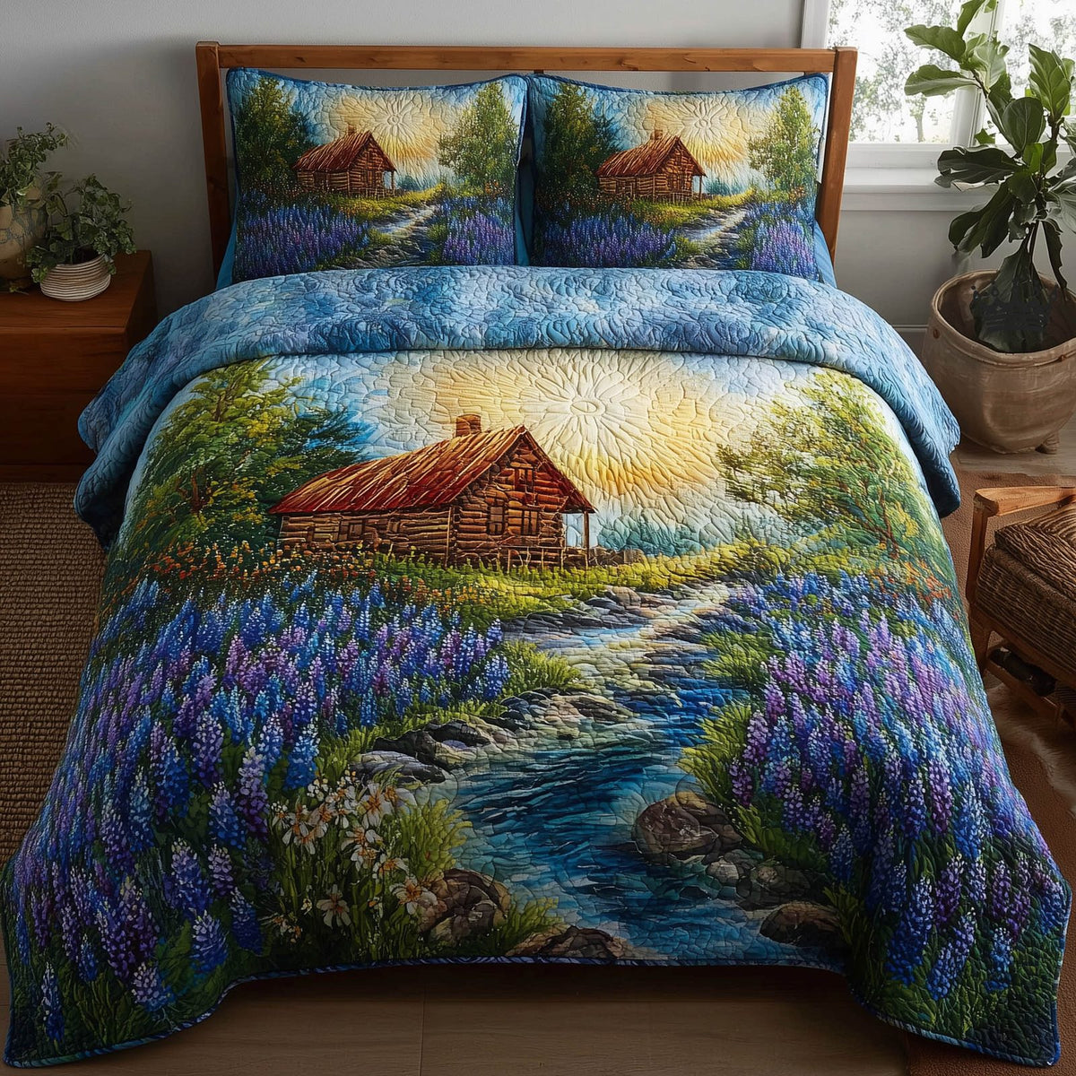 Meadow Cabin quilted 3-piece bedding set on a made bed with two matching pillow shams