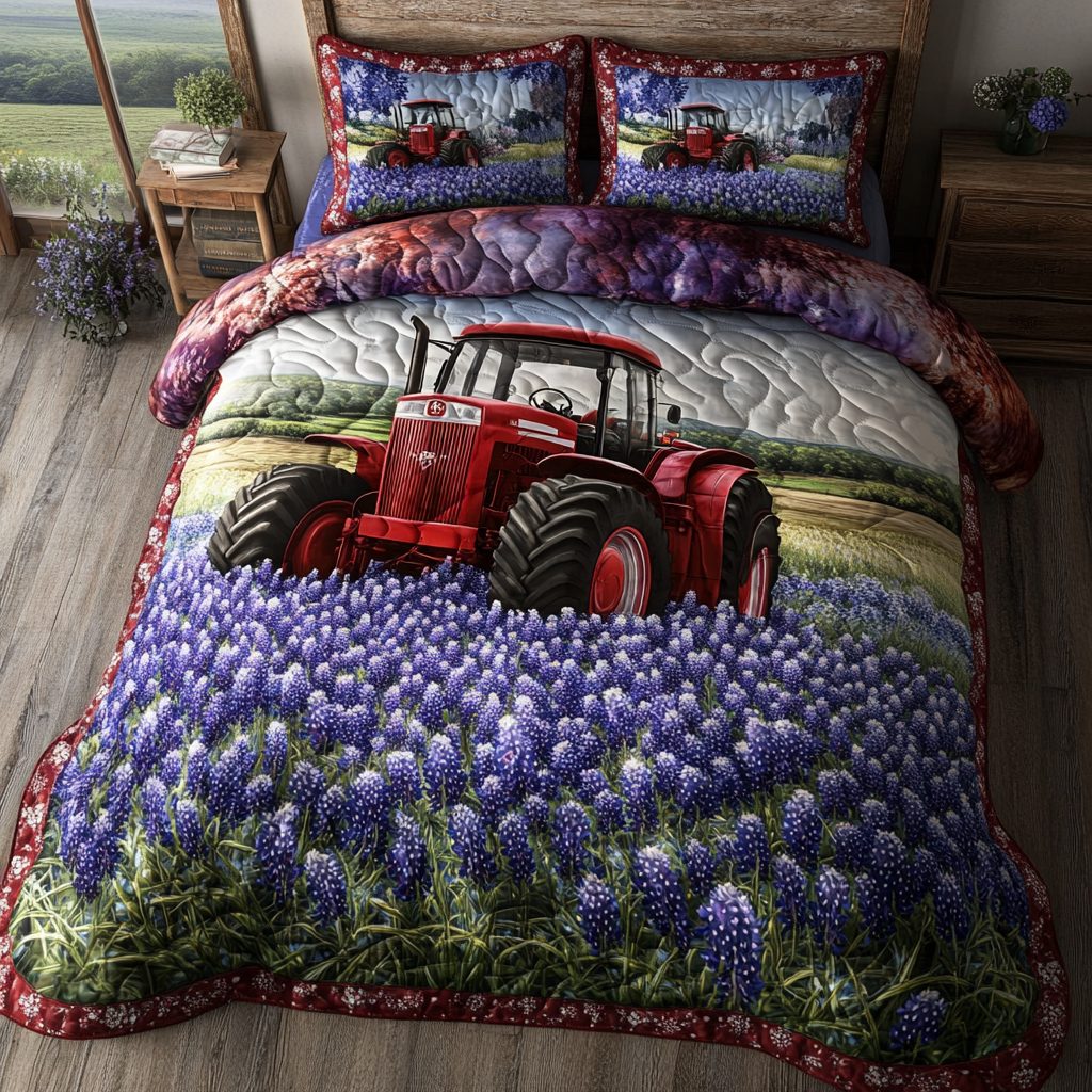 Meadow Charm quilted 3-piece bedding set on a made bed with two matching pillow shams