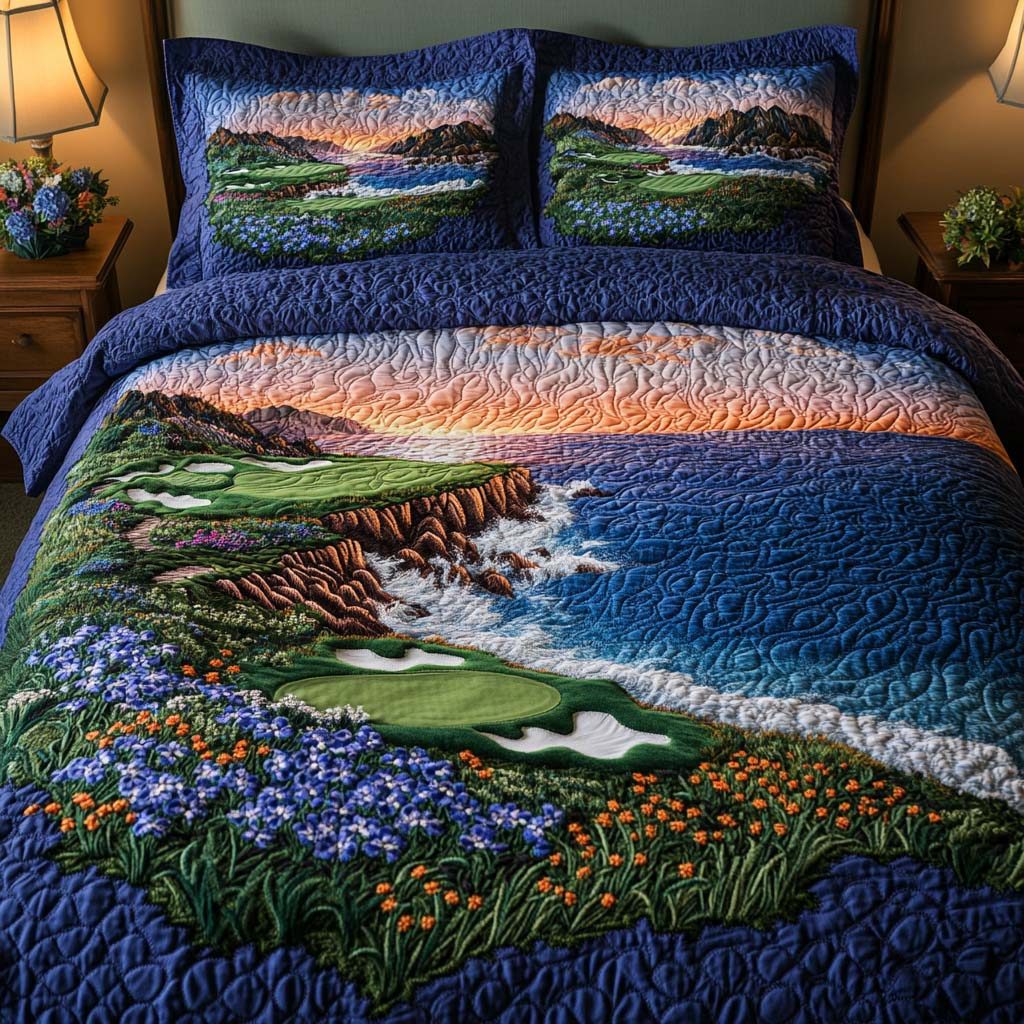Meadow Creek Golf Course quilted 3-piece bedding set on a made bed with two matching pillow shams