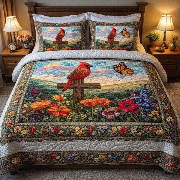 Meadow Cross Cardinal quilted 3-piece bedding set on a made bed in a softly lit bedroom