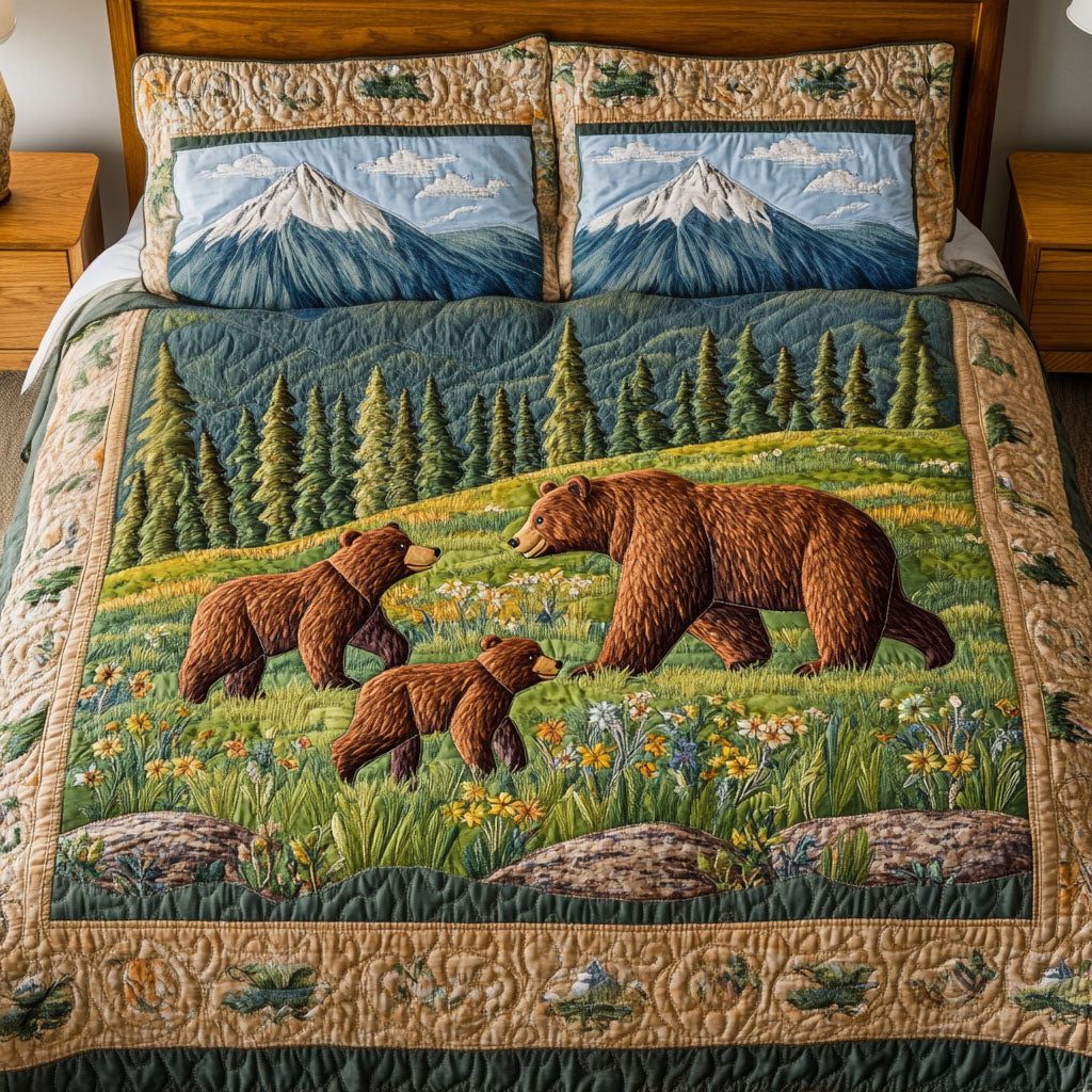 Meadow Cubs quilted 3-piece bedding set on a made bed with two matching pillow shams