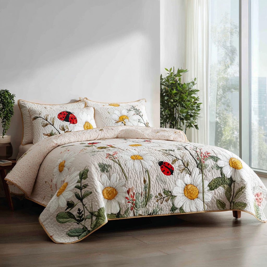 Meadow Dots quilted 3-piece bedding set on a made bed with two matching pillow shams