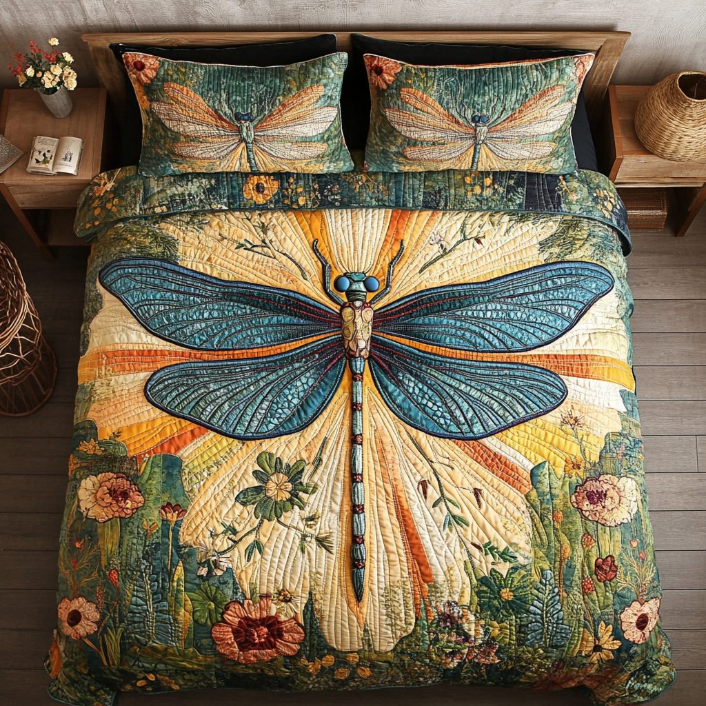 Meadow Flight quilted 3-piece bedding set on a made bed with two matching pillow shams