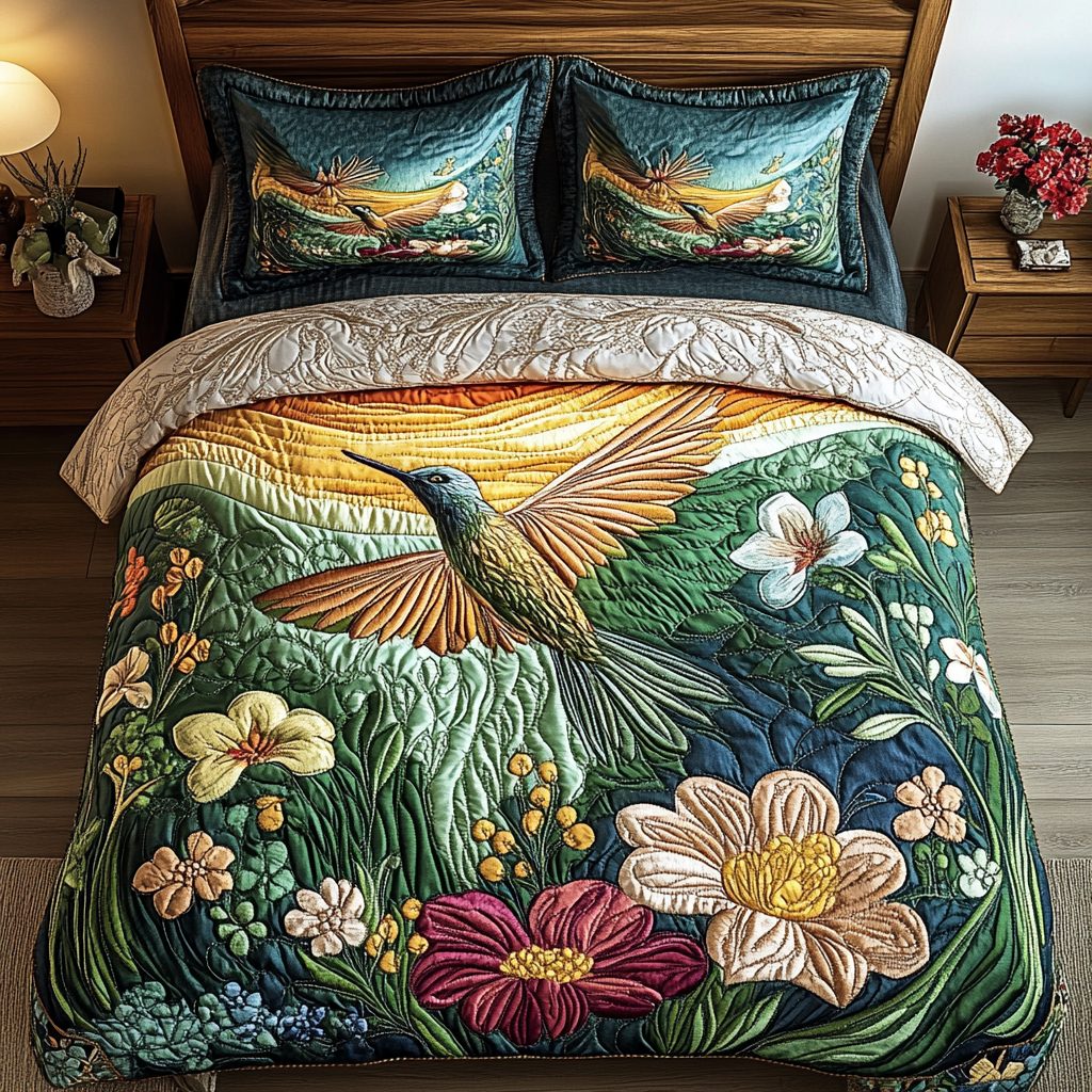 Meadow Flight quilted 3-piece bedding set on a made bed with two matching pillow shams