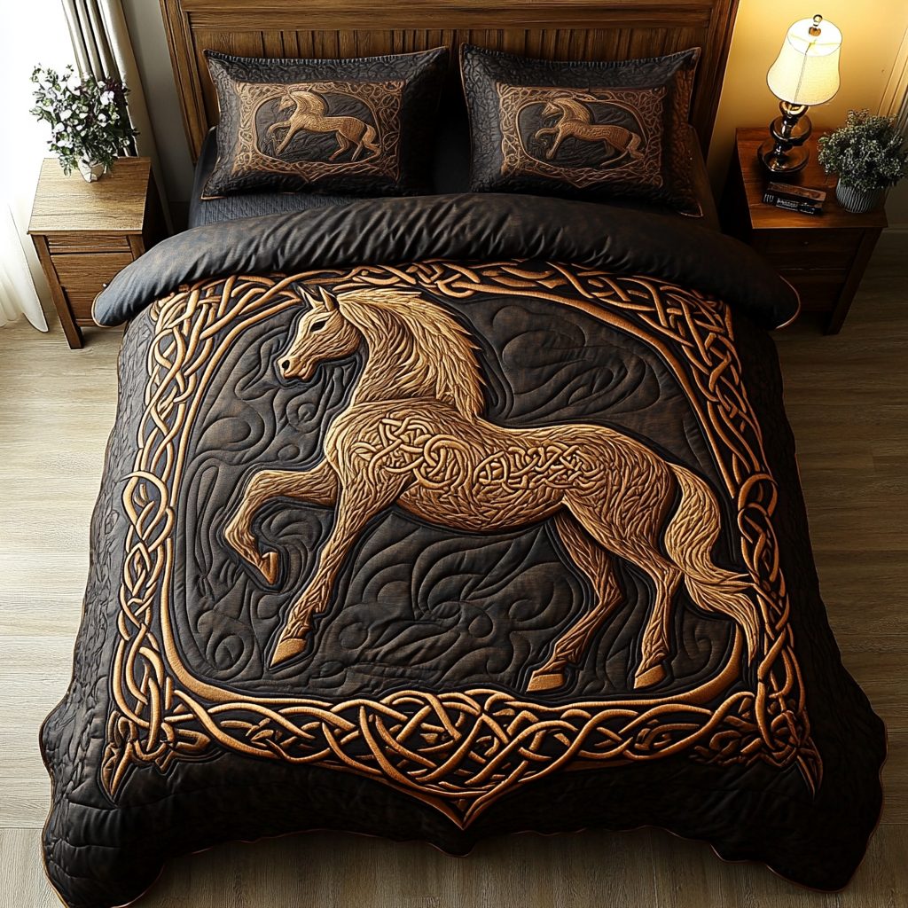 Meadow Gallop quilted 3-piece bedding set on a made bed with two matching pillow shams