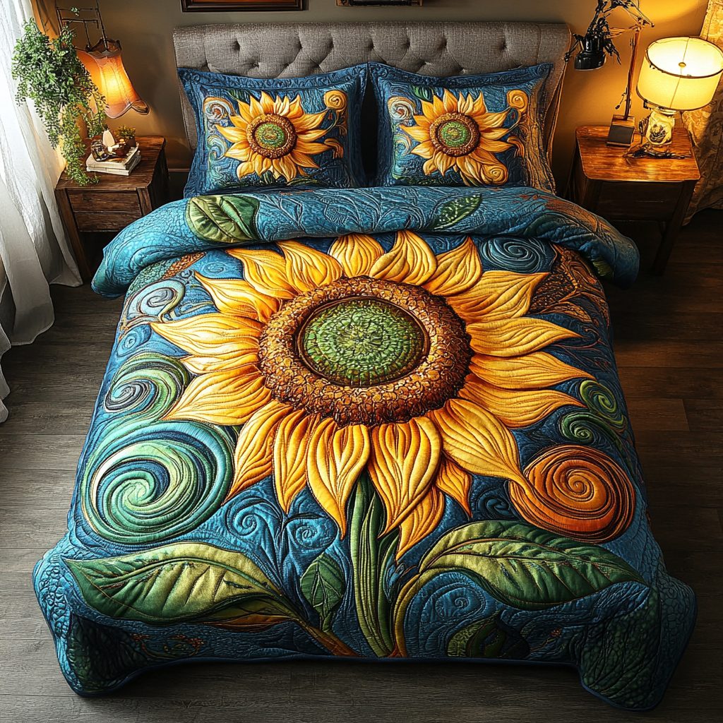 Meadow Glow quilted 3-piece bedding set on a made bed with two matching pillow shams