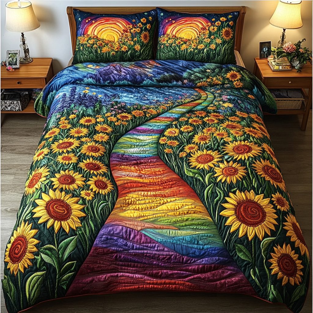 Meadow Glow quilted 3-piece bedding set on a made bed with two matching pillow shams
