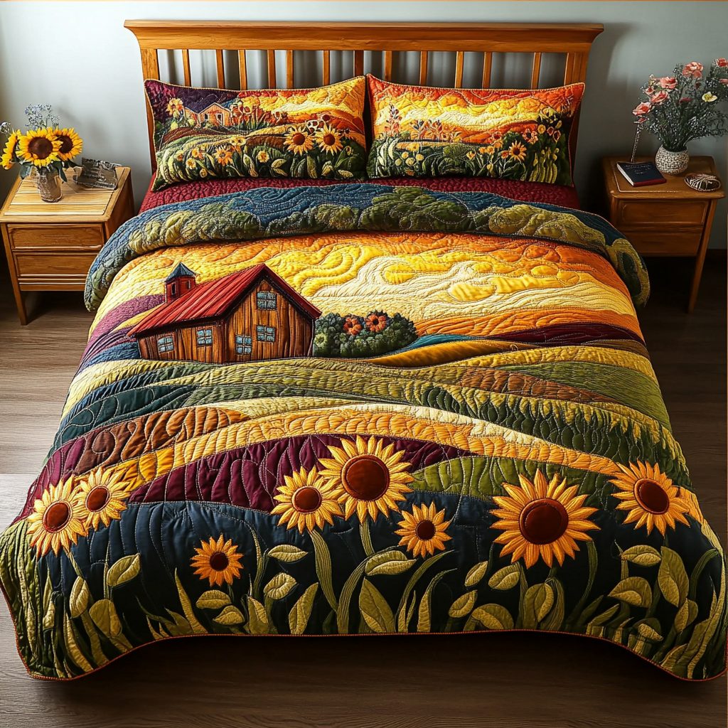 Meadow Glow quilted 3-piece bedding set on a made bed with two matching pillow shams