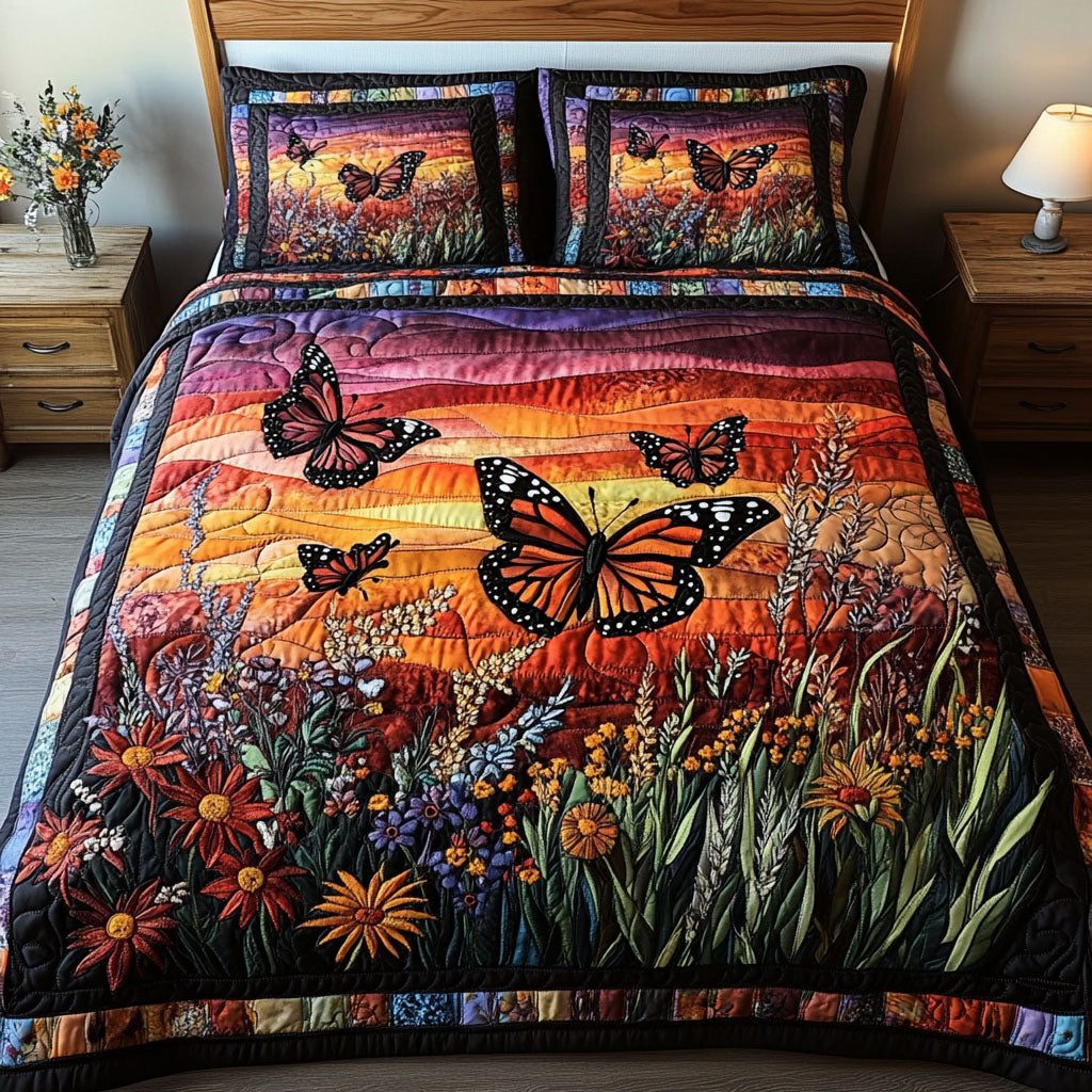 Meadow Glow quilted 3-piece bedding set on a made bed with two matching pillow shams