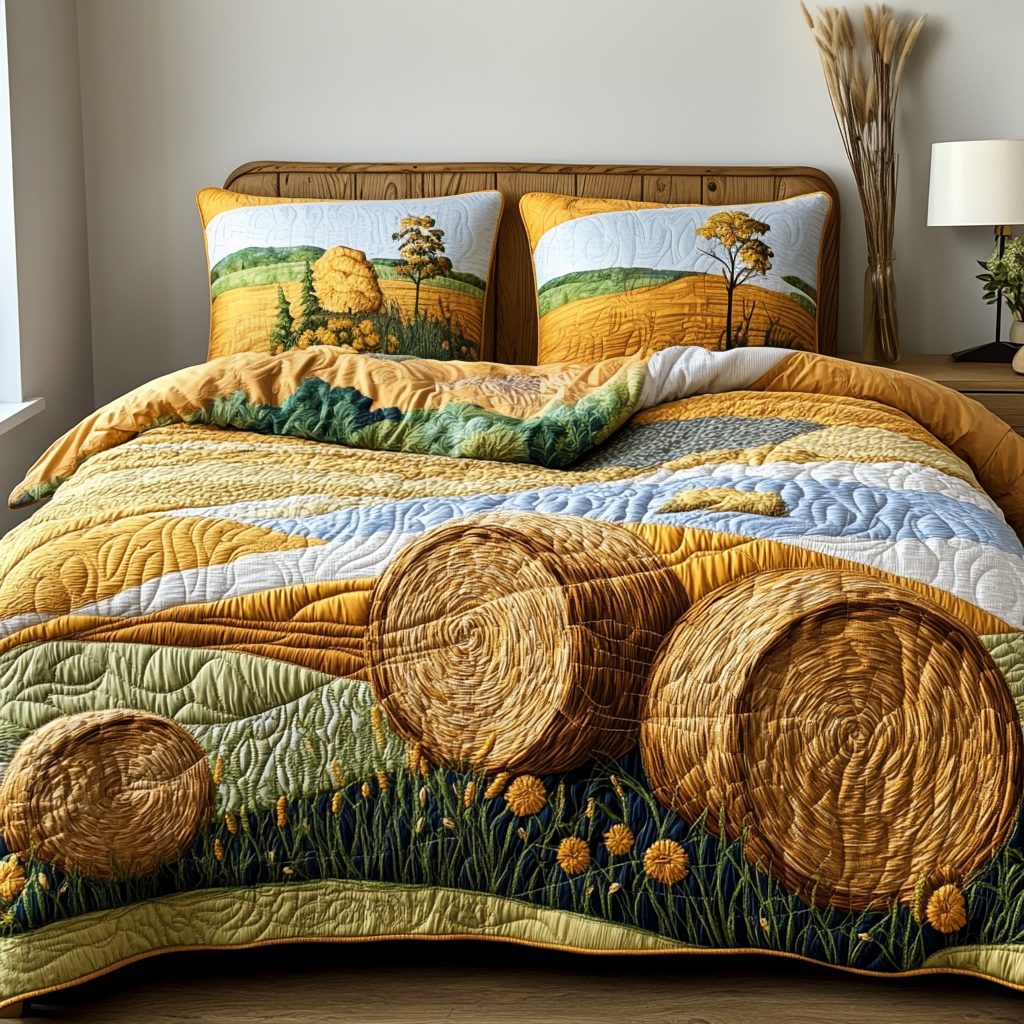 Meadow Glow quilted 3-piece bedding set on a made bed with two matching pillow shams