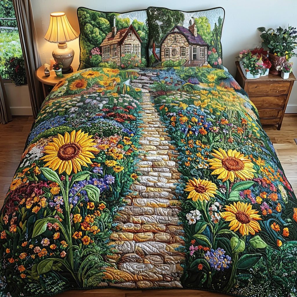 Meadow Gold quilted 3-piece bedding set on a made bed with two matching pillow shams