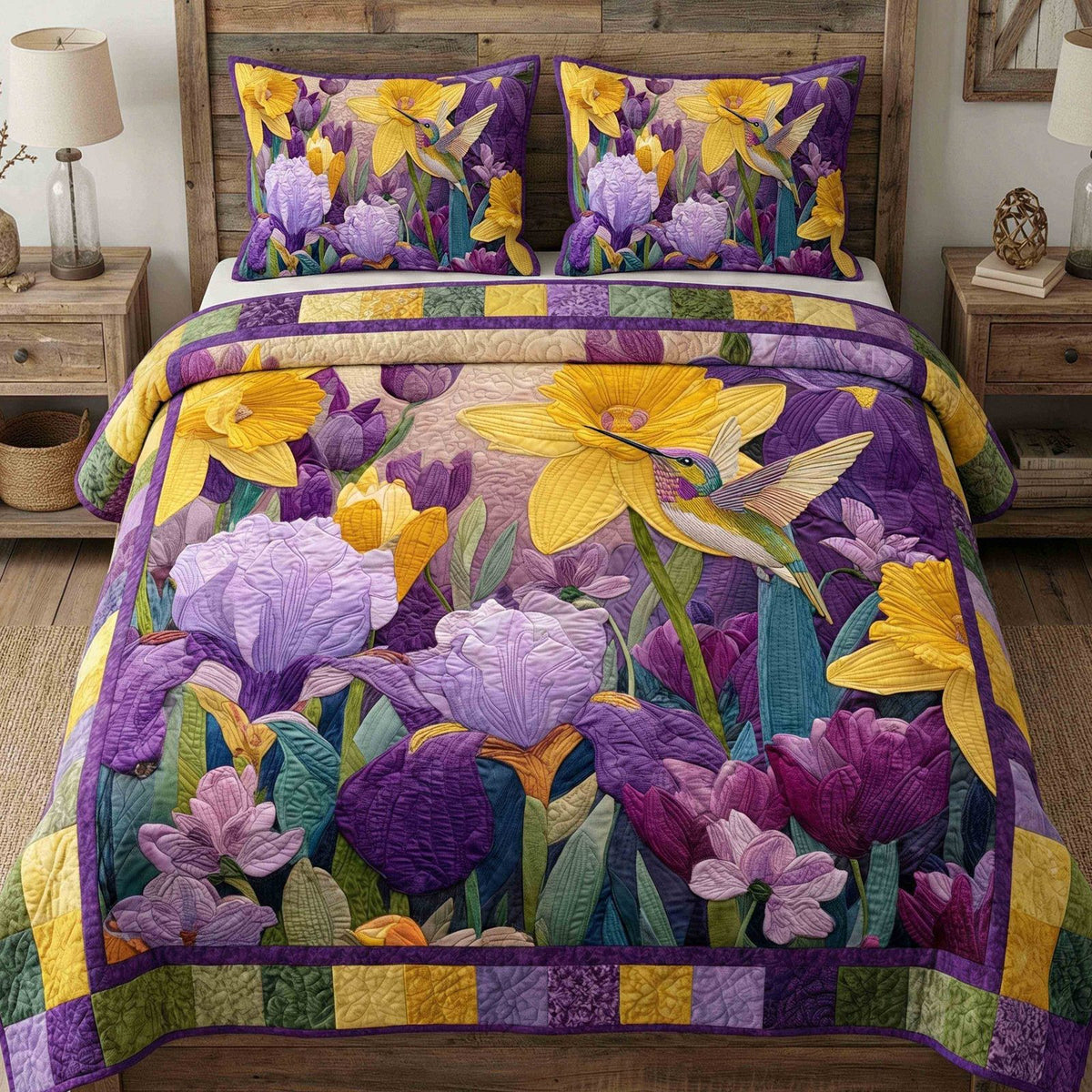 Meadow Grace quilted 3-piece bedding set on a made bed with two matching pillow shams