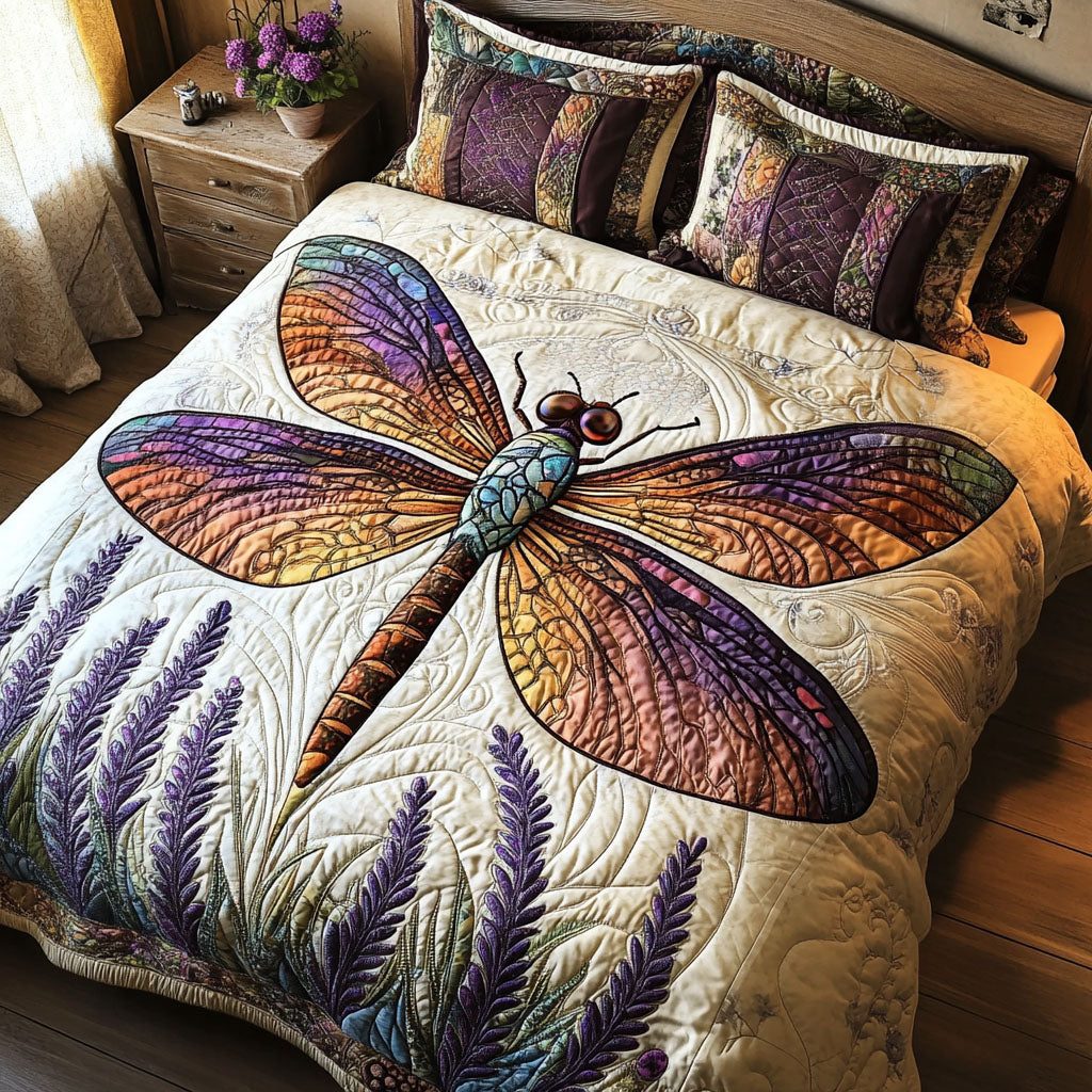 Meadow Grace quilted 3-piece bedding set on a made bed with two matching pillow shams
