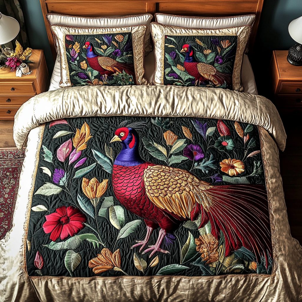 Meadow Haven quilted 3-piece bedding set on a made bed with two matching pillow shams