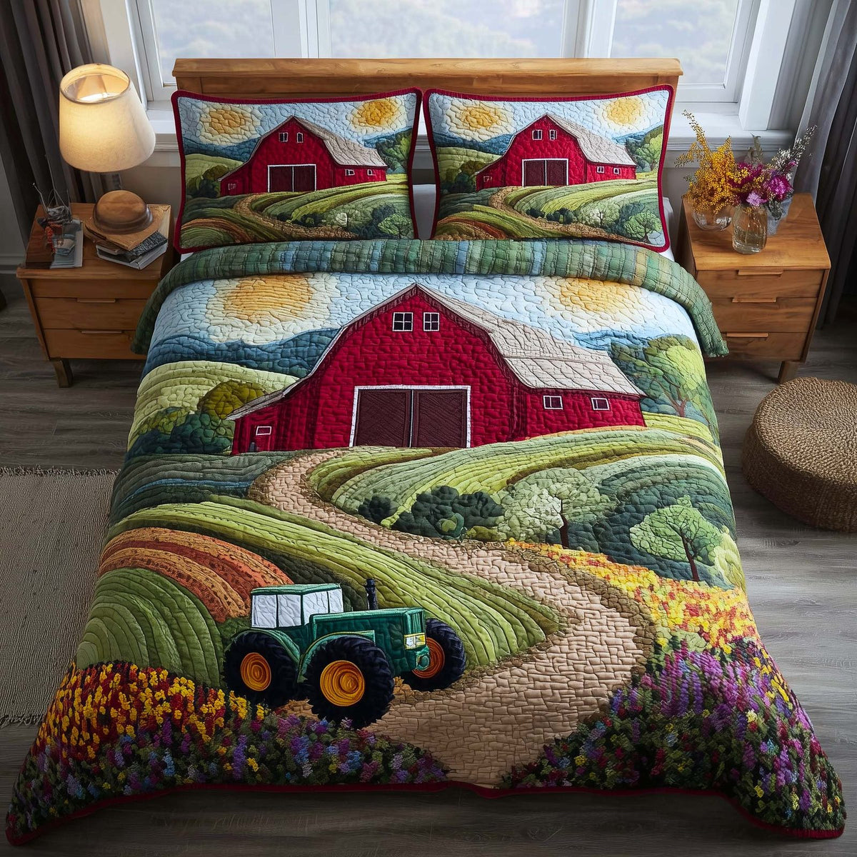 Meadow Homelife quilted 3-piece bedding set on a made bed with two matching pillow shams