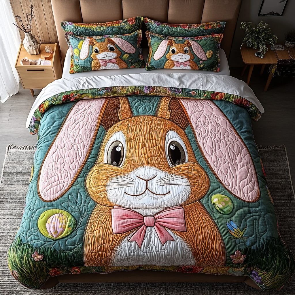 Meadow Jumper quilted 3-piece bedding set on a made bed with two matching pillow shams