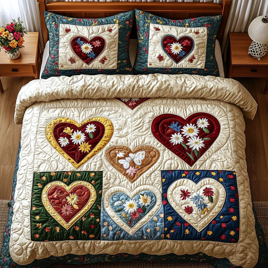 Meadow Love Patch quilted 3-piece bedding set on a made bed with two matching pillow shams