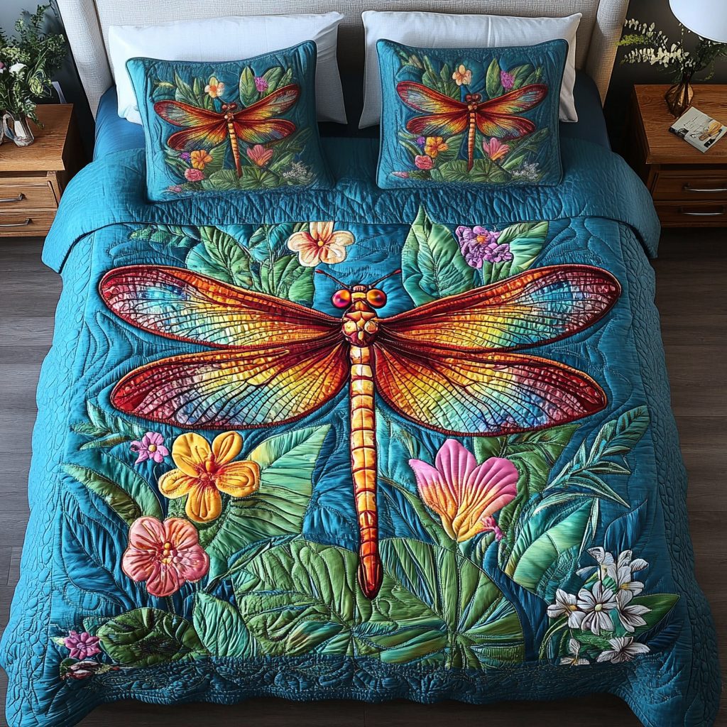 Meadow Magic quilted 3-piece bedding set on a made bed with two matching pillow shams