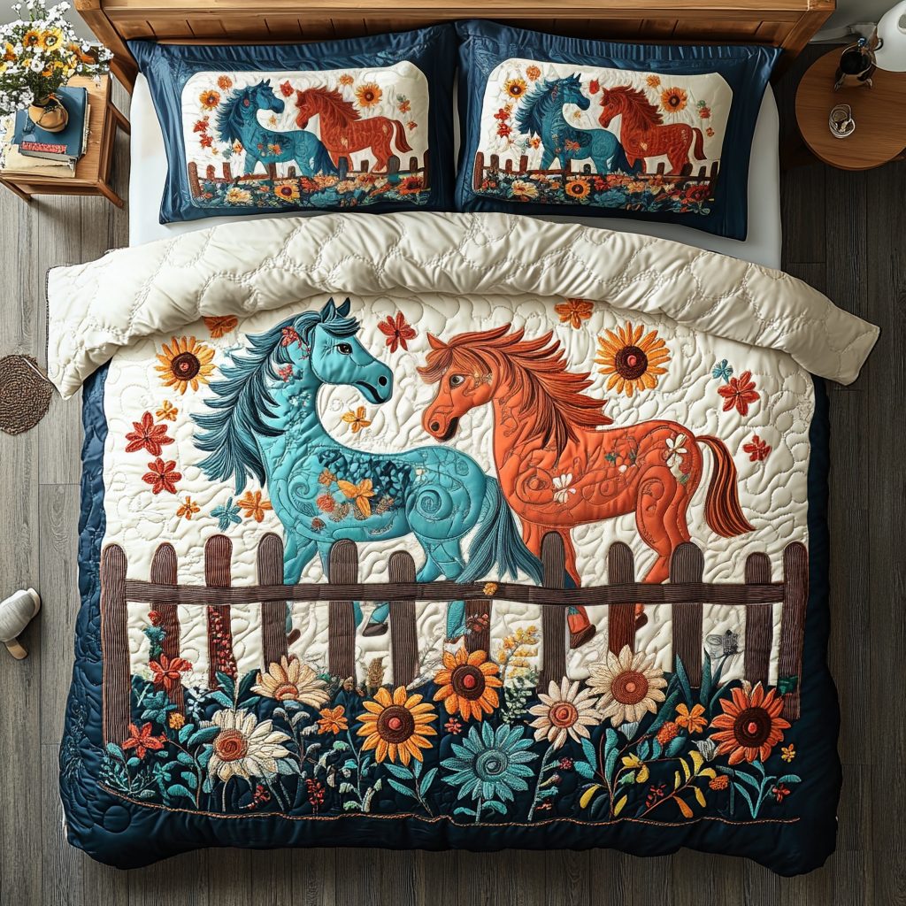 Meadow Mane quilted 3-piece bedding set on a made bed with two matching pillow shams