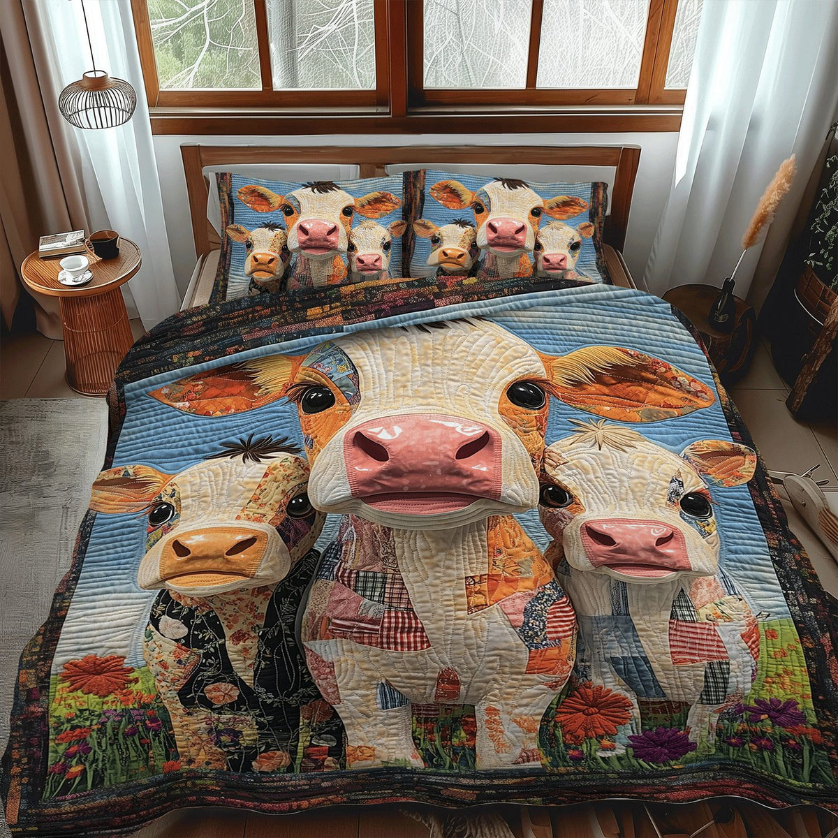 Meadow Mates quilted 3-piece bedding set on a made bed with two matching pillow shams