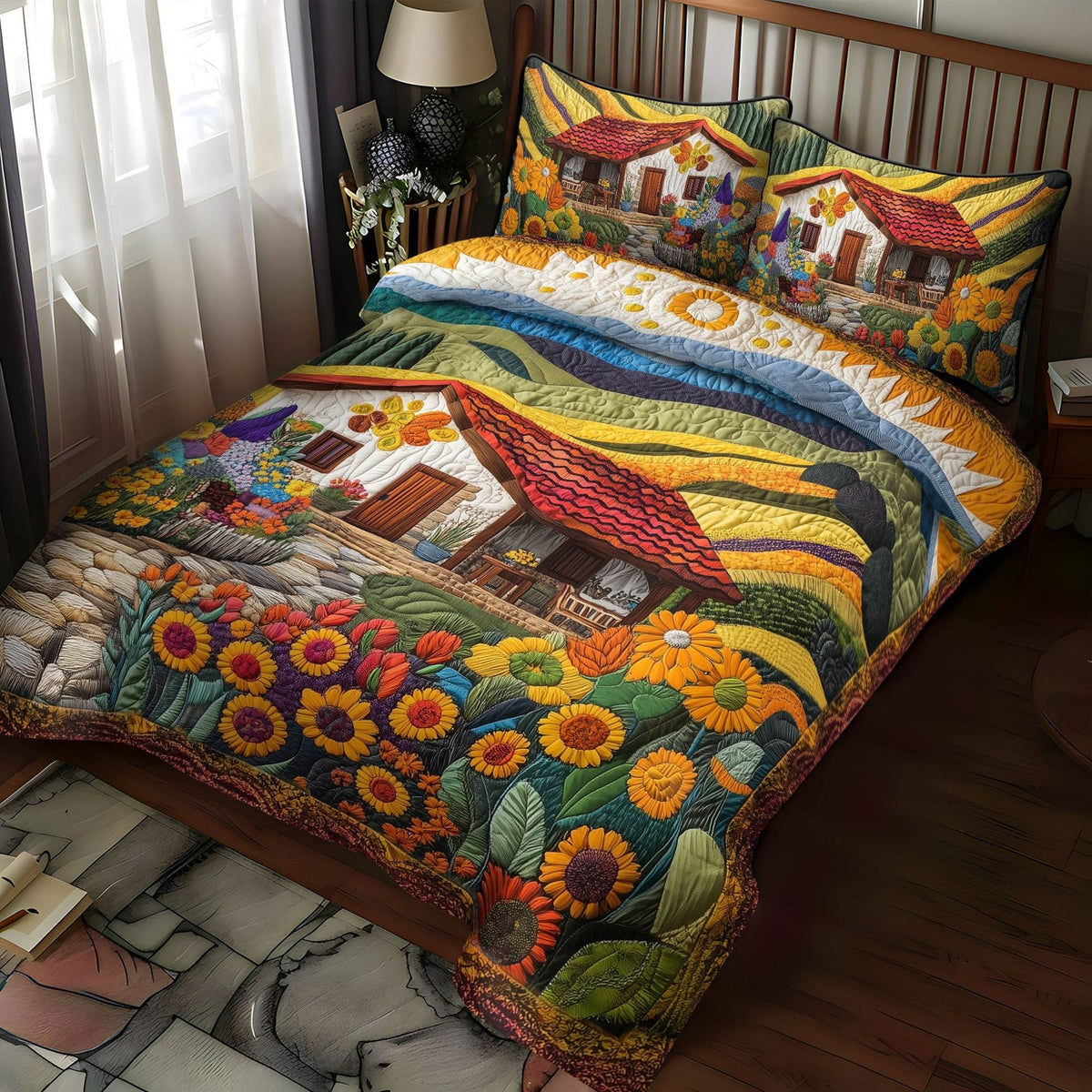 Meadow Morning quilted 3-piece bedding set on a made bed with two matching pillow shams