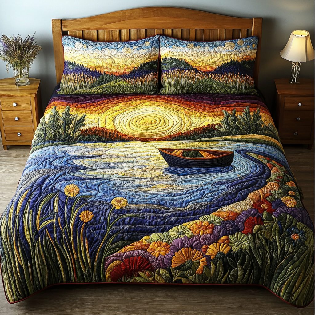 Meadow Pathway quilted 3-piece bedding set on a made bed with two matching pillow shams