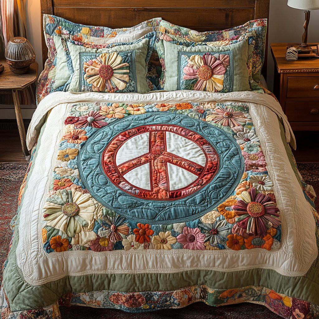 Meadow Peace quilted 3-piece bedding set on a made bed with two matching pillow shams
