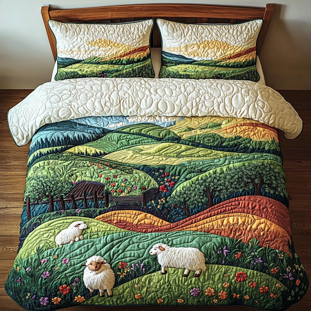 Meadow Sheep quilted 3-piece bedding set on a made bed with two matching pillow shams