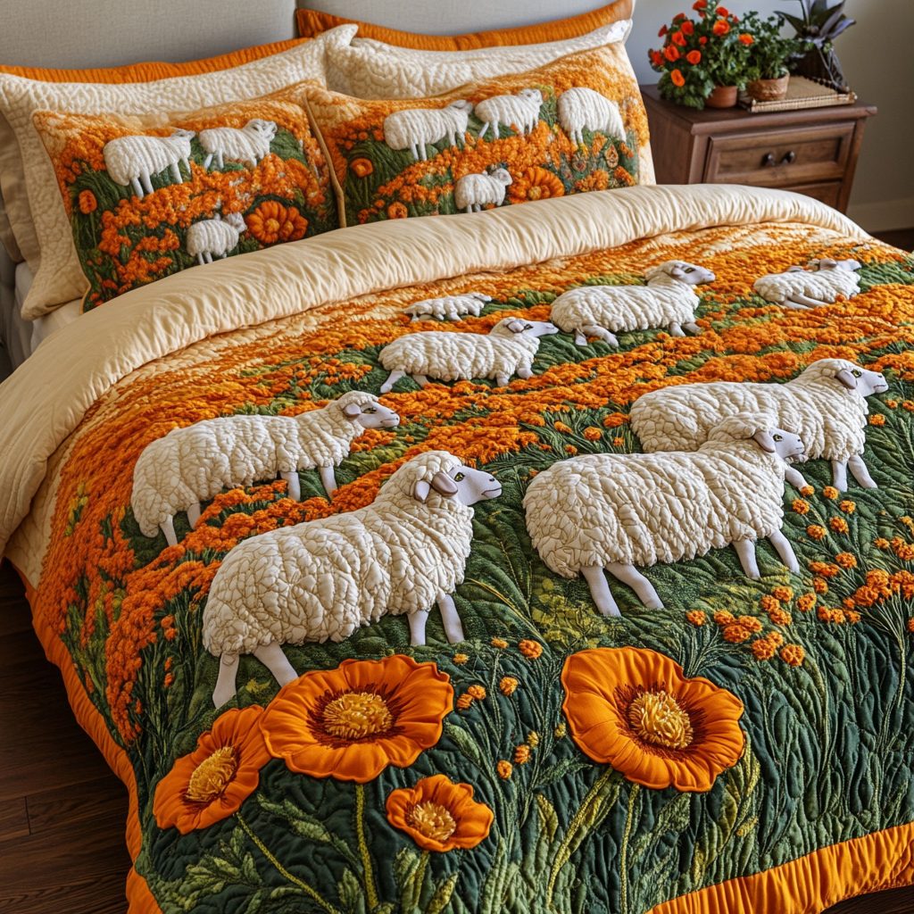 Meadow Sleep quilted 3-piece bedding set on a made bed with two matching pillow shams