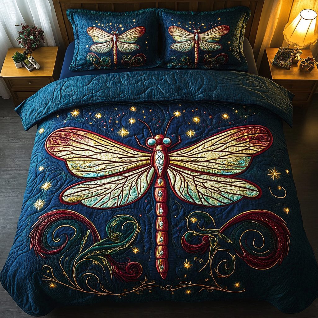 Meadow Spark quilted 3-piece bedding set on a made bed with two matching pillow shams