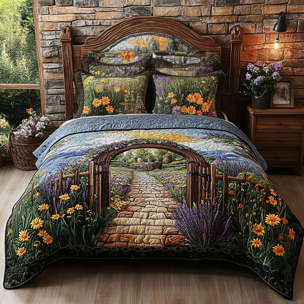 Meadow Stone Arch quilted 3-piece bedding set on a made bed with two matching pillow shams