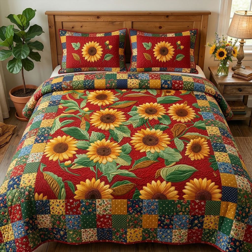 Meadow Sunflower Delight quilted 3-piece bedding set on a made bed with two matching pillow shams