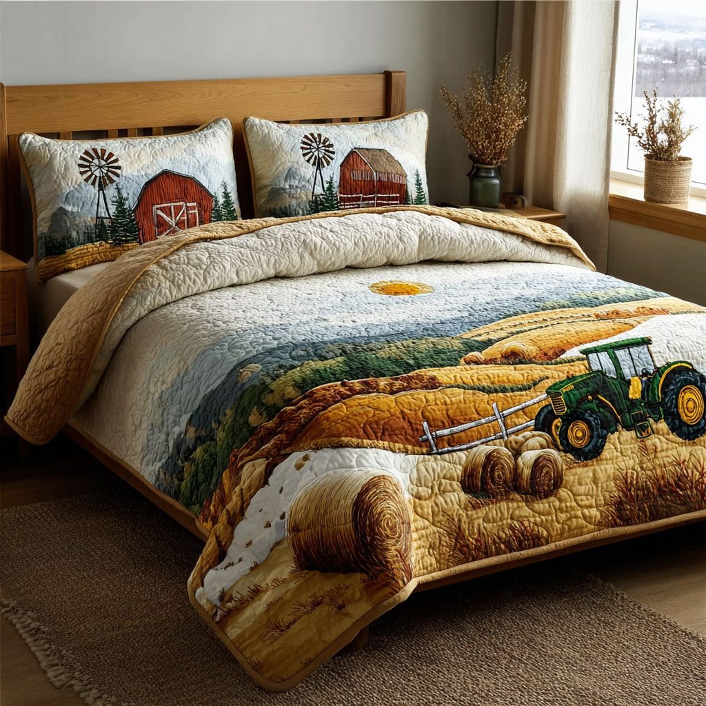 Meadow Tractor quilted 3-piece bedding set on a made bed with two matching pillow shams