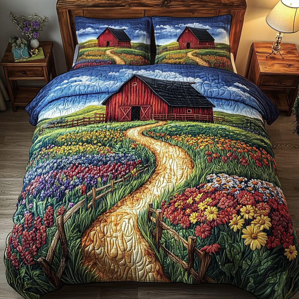 Meadow Trail quilted 3-piece bedding set on a made bed with two matching pillow shams