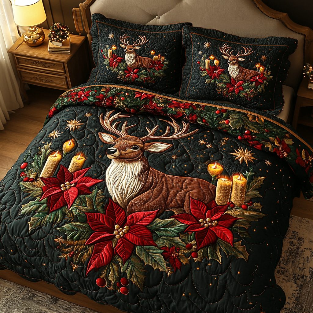 Meadow Wanderer quilted 3-piece bedding set on a made bed with two matching pillow shams