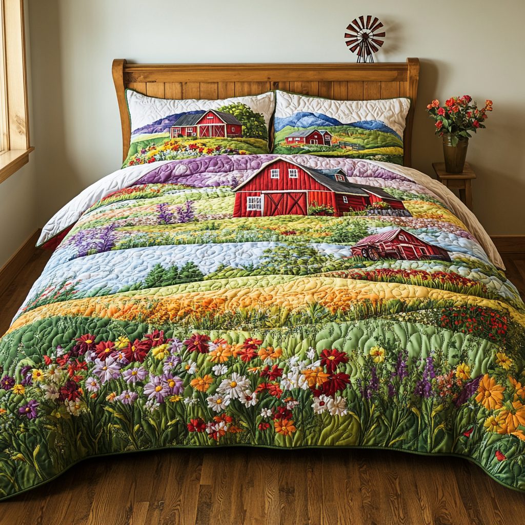 Meadow Whisper quilted 3-piece bedding set on a made bed with two matching pillow shams