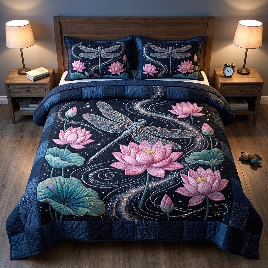Meadow Wings quilted 3-piece bedding set on a made bed with two matching pillow shams