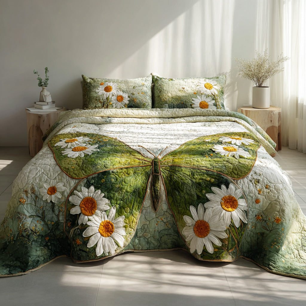 Meadowwing quilted 3-piece bedding set on a made bed with two matching pillow shams
